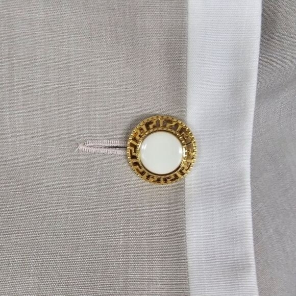 VTG 80s Oleg Cassini Taupe Cream Collarless Blazer 10 Neutral One Button Office - Picture 9 of 11